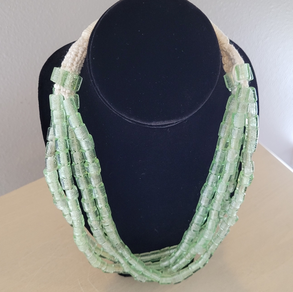 Artisan green glass bead multi strand necklace with cord and button